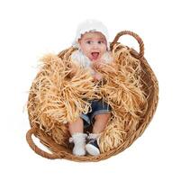 Cute female toddler in a straw basket photo