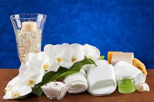 Spa accessories on wooden table photo