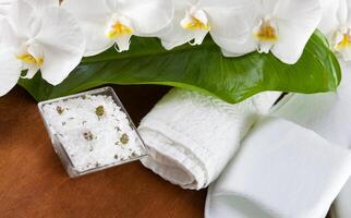 Spa accessories on wooden table photo