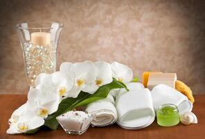 Spa accessories on wooden table photo