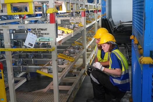 Two workers in a warehouse looking at something photo