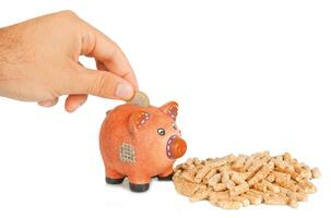 Wood pellets with piggy bank photo
