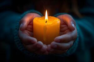 Serenity and Warmth Hands Gently Cradling a Flickering Candle for Relaxation and Reflection photo
