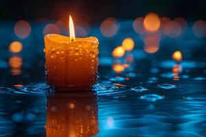 Warm Candlelight in Peaceful Water Reflection at Twilight for Tranquil Atmosphere Decor photo