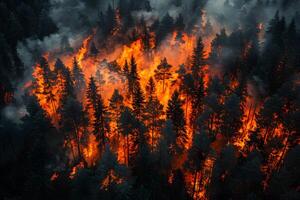 Intense Wildfire Consuming Forest with Dark Smoke and Flaming Trees photo