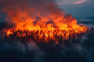Intense Forest Fire in Dense Woodland at Twilight with Smoke Billowing photo