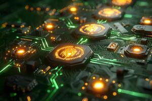 Futuristic Circuit Board with Glowing Elements for Technology Design and Innovation photo