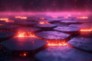 Futuristic Hexagonal Neon Surface with Glowing Particles and Foggy Atmosphere photo