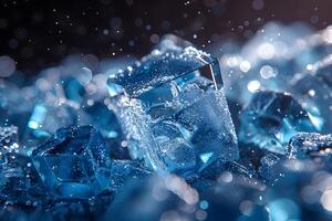 Close-Up of Glimmering Blue Ice Cubes Splashing in Water with Sparkling Droplets photo