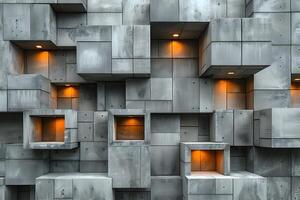 Modern Geometric Architecture with Illuminated Cubic Design Elements for Urban Art Concepts photo
