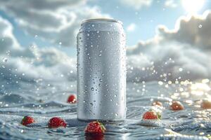 Refreshing Beverage Can with Dew Drops and Strawberries in Water Splash Scene photo