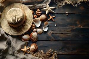 Beach Vibes Straw Hat and Seashells on Rustic Wooden Table for Summer Decor and Design photo