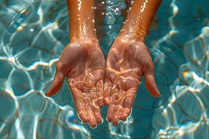 Serene Hand Gesture in Sunlit Pool Water for Relaxation and Tranquility Concepts photo