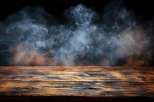 Rustic Wooden Table with Smoke and Dark Background for Atmospheric Design photo
