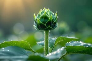 Green Flower Bud with Morning Dew in Soft Sunlight - Nature's Renewal Concept for Botanical Photography photo