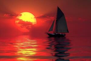 Serene Sunset Sail with Majestic Sailboat on Calm Red Waters for Inspirational Wall Art photo