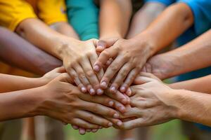 Unity and Teamwork Close-Up of Diverse Hands Stacked Together in Solidarity photo