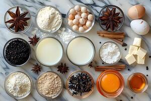 Baking Ingredients with Spices and Eggs on Marble Surface for Culinary Projects photo