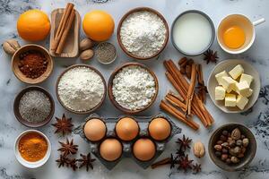 Baking Ingredients and Spices Flat Lay for Holiday Recipes and Culinary Inspiration photo