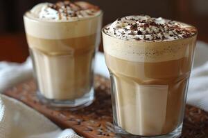 Iced Mocha and Cappuccino Coffee Drinks with Whipped Cream and Chocolate Toppings photo