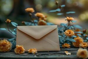 Envelopes and Orange Roses in Rustic Setting for Greeting Cards or Invitations photo