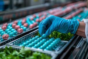 Food Production Line with Worker Handling Ingredients in Factory Setting photo