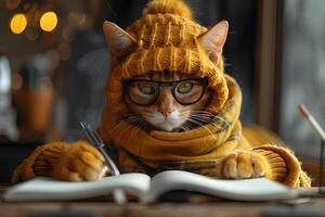 Cozy Autumn Cat in Glasses and Knitwear Writing in Notebook photo