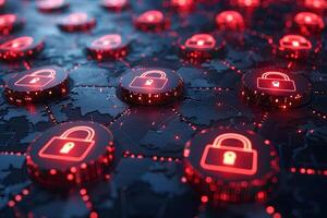 Cybersecurity Concept with Glowing Red Padlocks on Digital World Map Background photo
