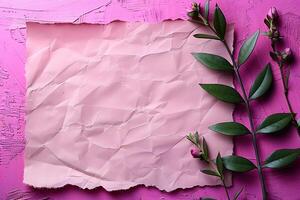 Torn Pink Paper with Branch and Leaves on Textured Background for Creative Design photo