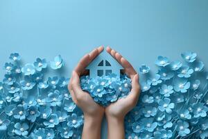 Hands Protecting Home Amidst Blue Blossoms Symbol of Security and Serenity photo