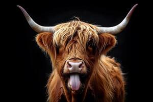 Highland Cow with Expressive Tongue on Black Background for Rustic Art and Decor photo