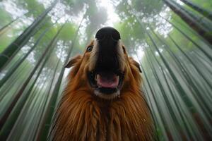 Adventurous Dog Exploring a Mystical Forest with Towering Bamboo photo