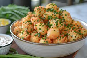 Crispy Tater Tots with Chives in Ceramic Bowl for Comfort Food Inspiration photo