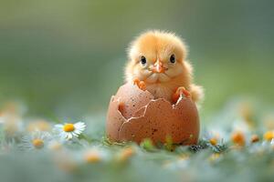 Adorable Chick Emerging from Eggshell Among Daisies in Springtime Setting photo