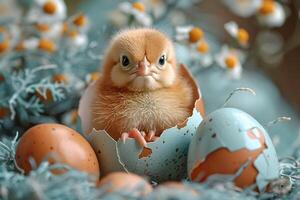Adorable Chick in Eggshell with Spring Flowers - Easter Symbolism for Seasonal Designs photo