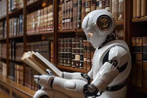 Futuristic Robot Reading in a Library Setting Suggestive of Knowledge and AI photo