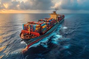 Container Ship Navigating Ocean Waters at Sunrise for Global Trade and Logistics photo