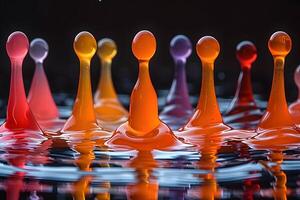 Vibrant Colorful Liquid Figurines Reflecting on Rippling Water Surface for Abstract Art Concept photo