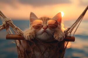 Relaxed Cat with Sunglasses in a Hammock at Sunset - Perfect for Summer Vibes and Relaxation Themes photo