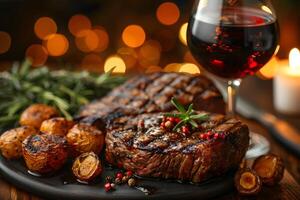 Gourmet Grilled Steak Dinner with Red Wine and Roasted Potatoes in an Elegant Setting photo