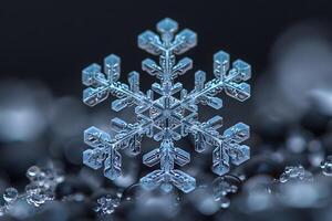 Intricate Snowflake Pattern on Blurred Icy Background for Winter Design and Decor photo