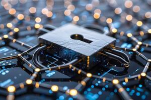 Cybersecurity and Network Protection Concept with Digital Lock and Circuitry photo