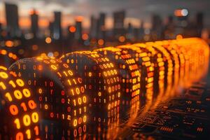 Digital Future Concept with Binary Code in Urban Skyline at Dusk photo