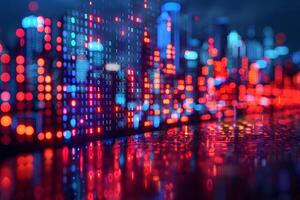 Futuristic Cityscape with Digital Binary Code Reflections at Night photo