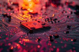 Futuristic Technology Macro View of a Glowing Circuit Board for Innovation and Design photo