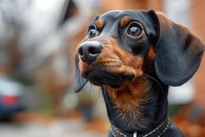 Alert Dachshund Portrait with Focused Expression in Urban Setting photo