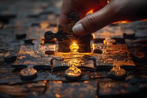 Solving a Puzzle Hand Placing Last Piece at Sunset for Conceptual Imagery photo