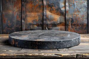 Rustic Industrial Round Stone Table Featuring Metal and Wood Elements for Design and Decor photo