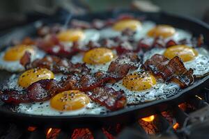 Hearty Breakfast with Bacon and Eggs on a Skillet over Open Flame for Rustic Cooking photo