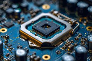 Advanced Microchip on Circuit Board Close-Up for Technology and Innovation Design photo